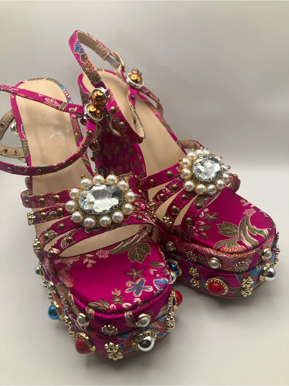 Fuchsia Embellished Platform Sandals with Floral Jacquard